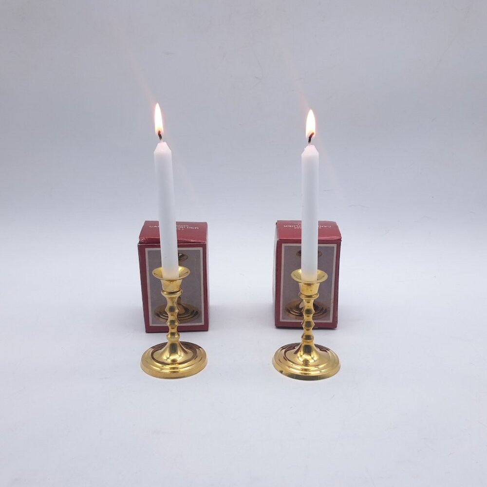Two Brass Candle Holders In Box With Candles